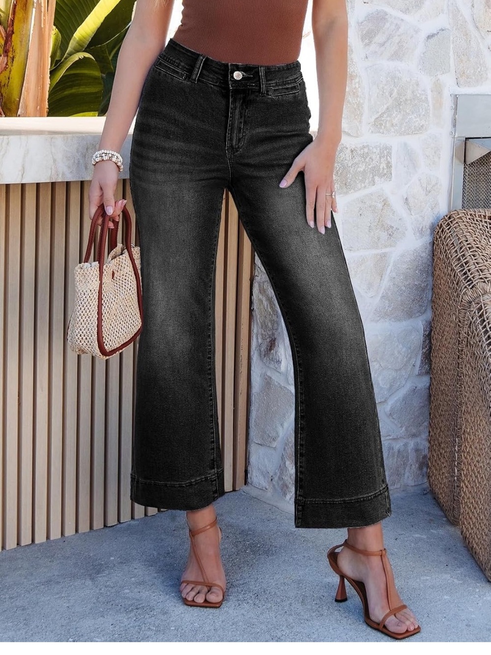EUC SHEWIN Women Wide Leg Black Cropped Ankle Jeans High Waisted Stretchy Size 4